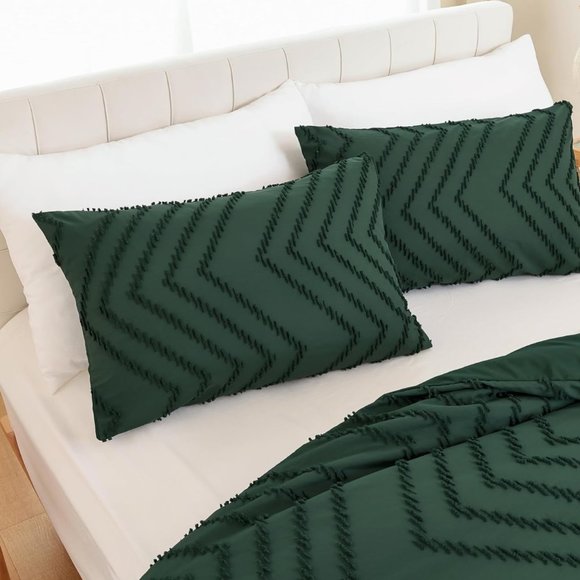 Forest Green Chevron Boho Textured King Size Bed Comforter Set Bedding Dark Pine - Picture 8 of 12
